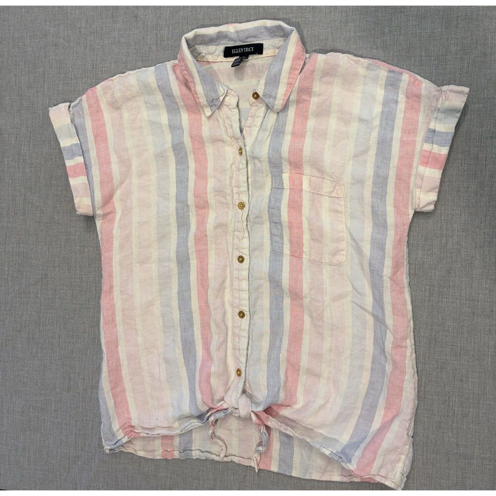 Striped Linen Short Sleeve Blouse Ellen Tracy Tie Bottom Button Up Top Size S
